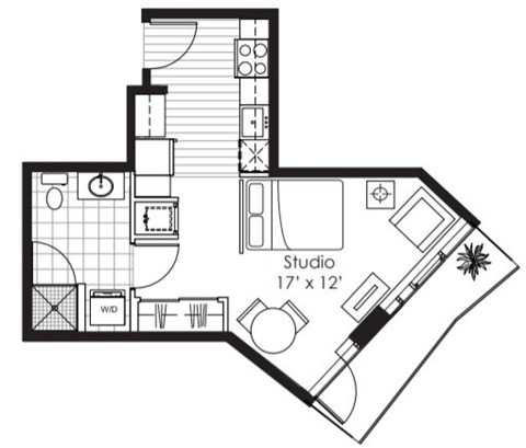 Floor plan for studio, 1 bath, 383 sqft